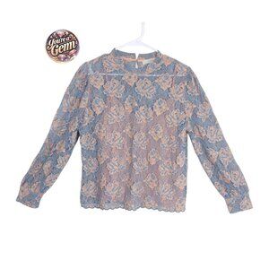 LOFT Women's Medium Lace Blouse Blue Peach Floral Embroidered Sheer Mesh Sz M💙